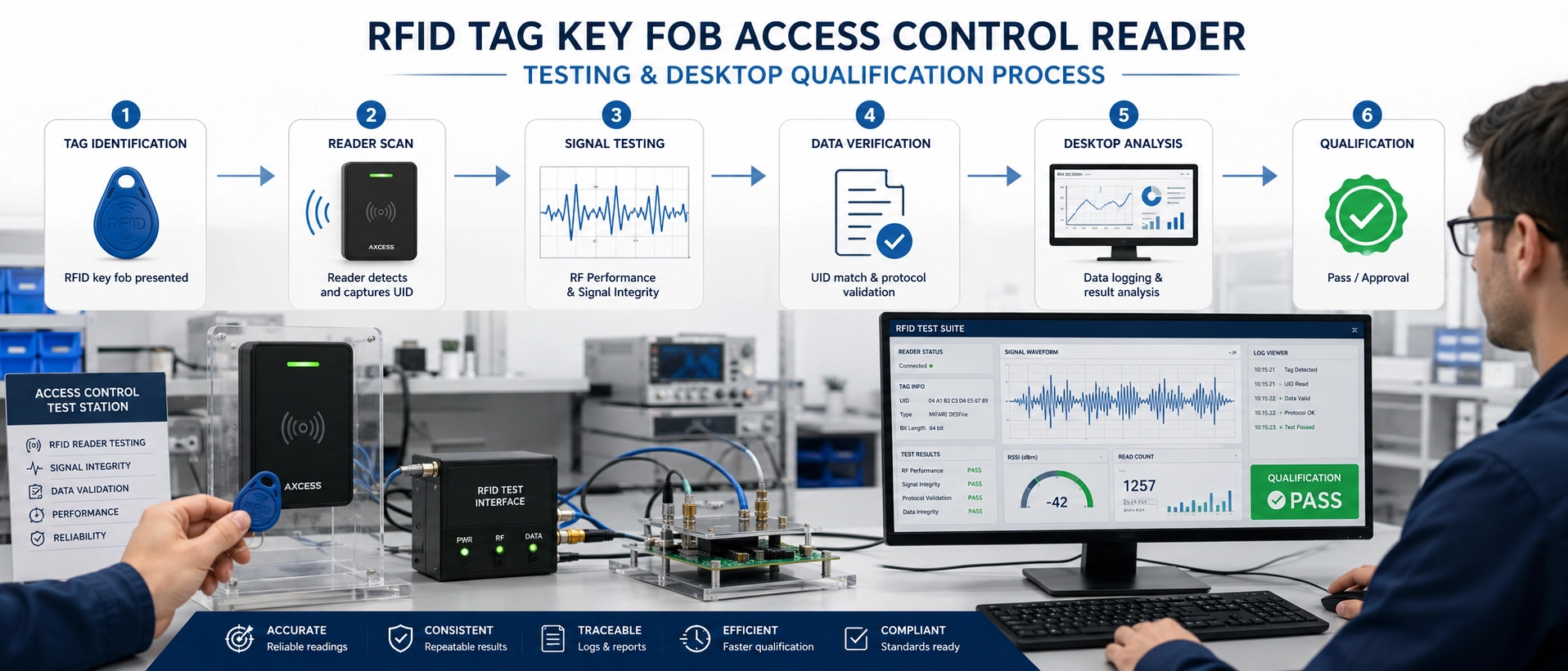 RFID tag key fob access control reader testing and desktop qualification process RFID tag key fob access control reader testing and desktop qualification process