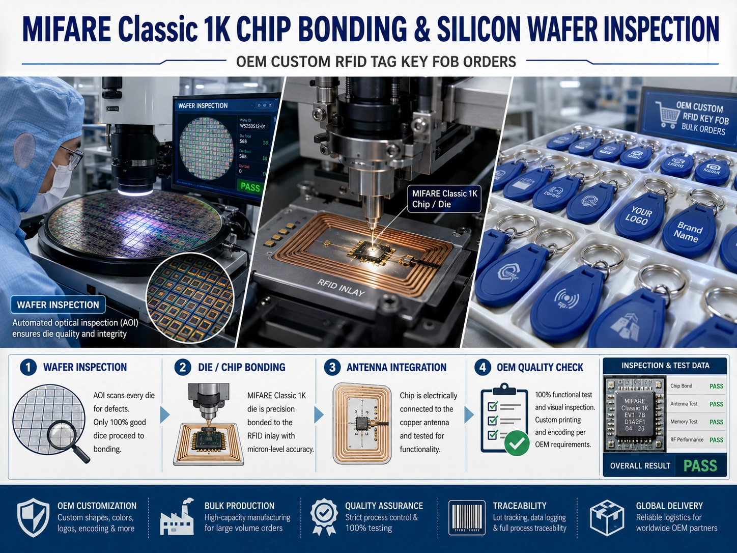 MIFARE Classic 1K chip bonding and silicon wafer inspection for OEM custom RFID tag key fob orders MIFARE Classic 1K chip bonding and silicon wafer inspection for OEM custom RFID tag key fob orders